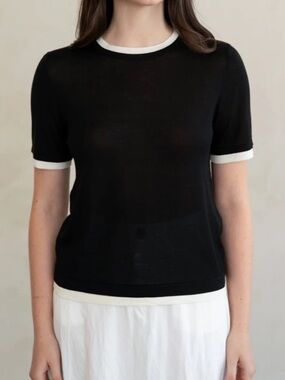 Elle Grey Black Thin Sweater Knit Tee with Contrast White Trim